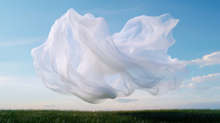 Flowing white fabric in the wind over a grassy fieldの素材