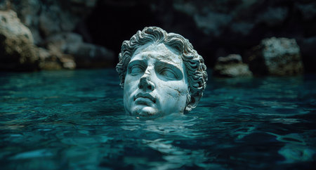 Mysterious ancient statue head in dark watersの素材