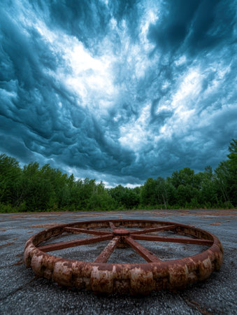 Dramatic stormy sky over abandoned wagon wheelの素材