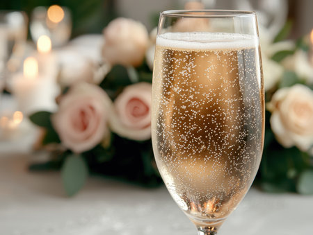 champagne glass with bubbles and rosesの素材