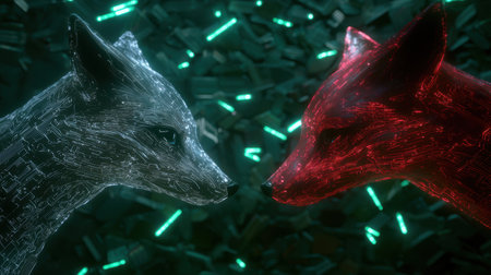 Futuristic digital wolves in abstract neon environmentの素材
