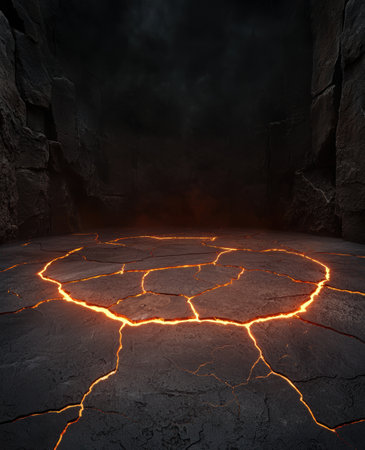 Glowing lava cracks in dark caveの素材