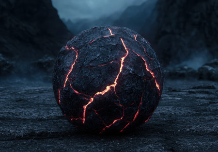 Glowing molten lava sphere in dark volcanic landscapeの素材