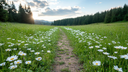 Scenic trail through a flower-filled meadow at sunsetの素材