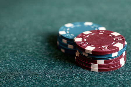 stacked casino poker chips on green felt tableの素材