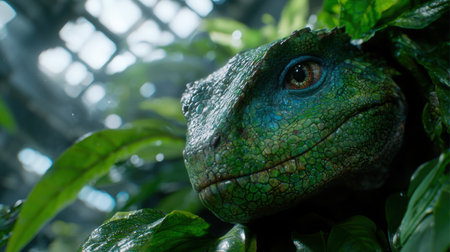 Close-up of a vibrant green lizard in the jungleの素材