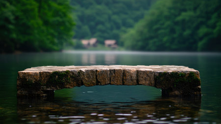 Serene lake surrounded by lush green forestの素材