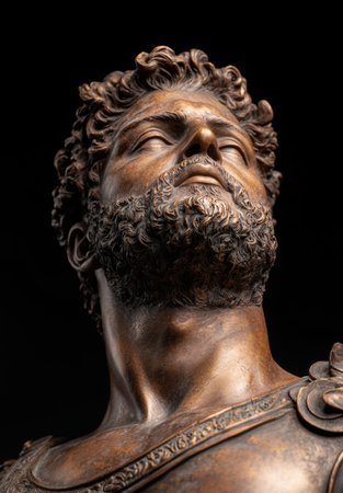 Detailed bronze sculpture of a pensive man's faceの素材