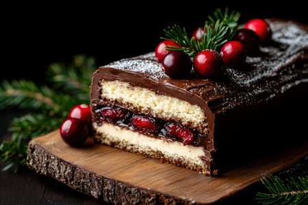 Delicious chocolate cake with cherries and pine branchesの素材