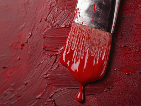 close-up of a red paint brush dripping paintの素材