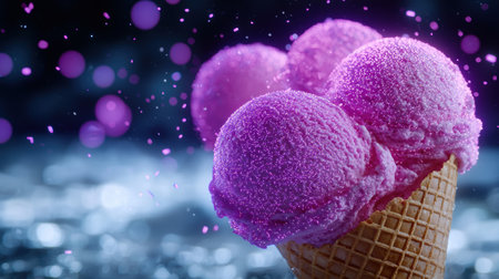 Sparkling purple ice cream scoops in a waffle coneの素材