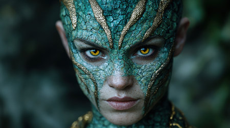 Mysterious reptilian woman with glowing eyesの素材