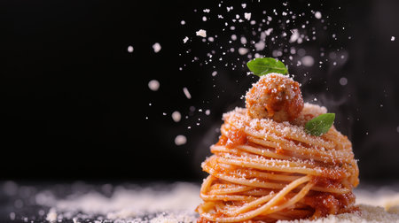 Delicious spaghetti pasta dish with tomato sauce and basilの素材