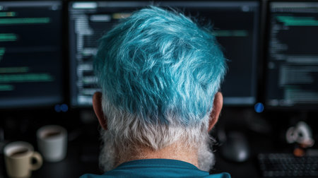 man with vibrant blue hair sitting in front of computerの素材