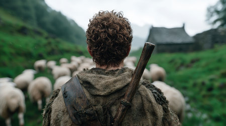 shepherd with flock of sheep in mountain landscapeの素材
