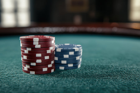 casino poker chips on green felt tableの素材