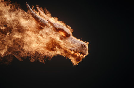 Fiery dragon head with glowing eyesの素材