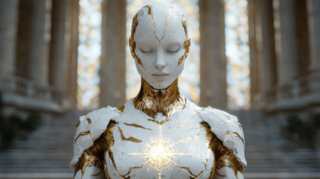 futuristic android in a serene forest settingの素材