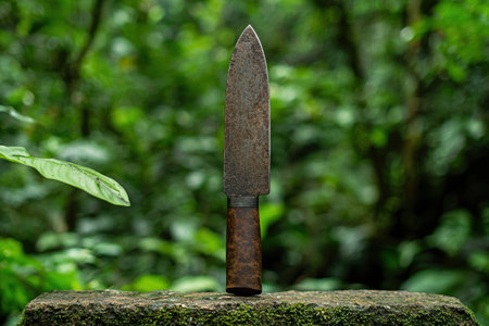 Rustic kitchen knife on mossy log in forestの素材