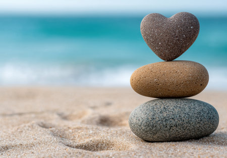 Stacked heart-shaped stones on beach with turquoise oceanの素材