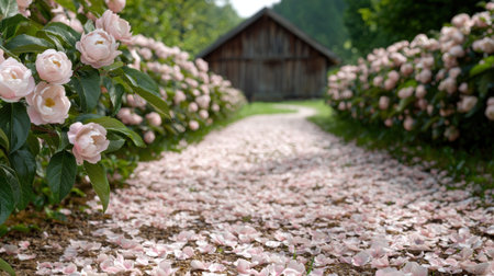 Romantic garden path with blooming rosesの素材