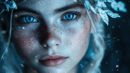 Enchanting winter portrait of a woman with sparkling snowの素材