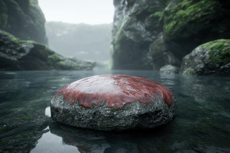 Mysterious red mushroom in a serene forest streamの素材