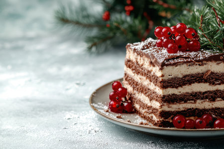 Delicious chocolate layered cake with red berries and powdered sugarの素材