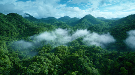 Lush green mountains and forests with cloudsの素材