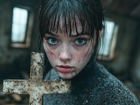 Somber young girl holding a crossの素材