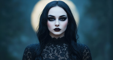 Mysterious woman with dark makeup and intense gazeの素材