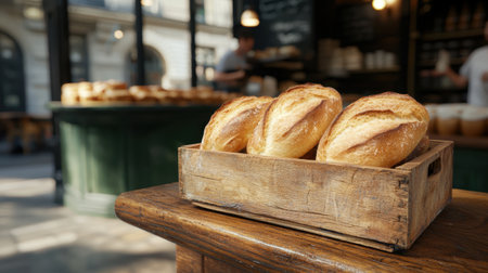 Freshly baked bread in a wooden crateの素材