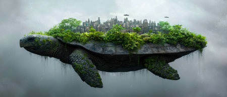 futuristic floating turtle island with lush greenery and cityscapeの素材