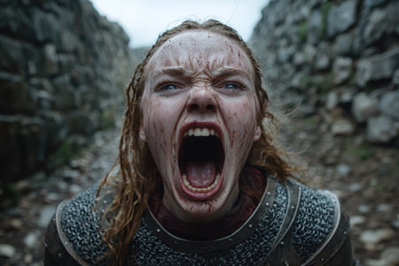 Fierce warrior woman screaming in the wildernessの素材