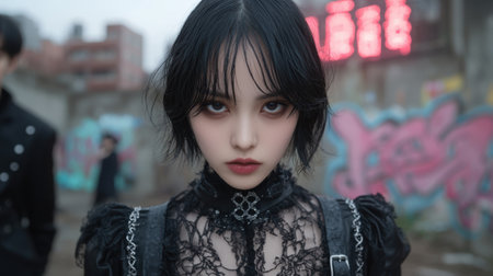 Mysterious woman with dark hair in urban settingの素材