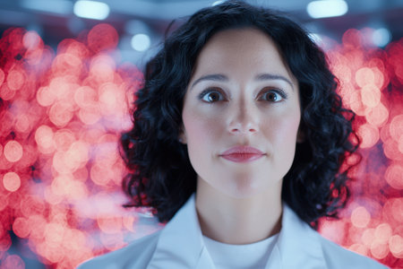 Pensive woman with curly hair against blurred red lightsの素材
