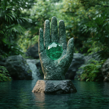 Mystical hand holding emerald crystal in lush jungleの素材