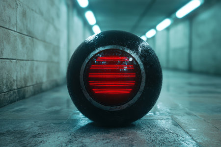 Glowing red orb in dark tunnelの素材