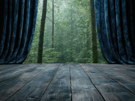 mysterious forest scene with wooden floorの素材