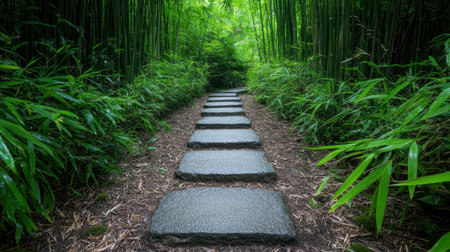 Lush green bamboo forest pathの素材