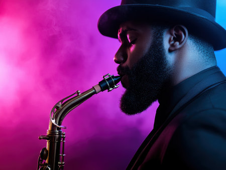 musician playing saxophone in colorful lightingの素材