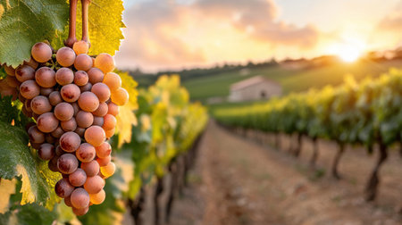 Vibrant grapes in a scenic vineyard landscapeの素材