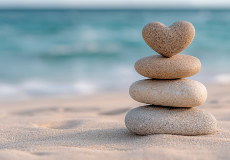Stacked stones with heart-shaped rock on beachの素材