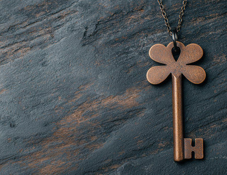 Antique bronze key pendant on dark slate backgroundの素材