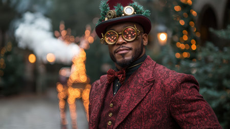 festive man in steampunk attire with holiday decorationsの素材
