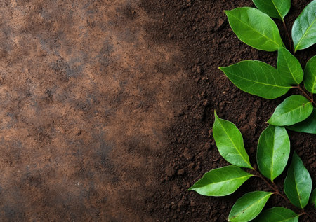 green leaves on brown soil backgroundの素材