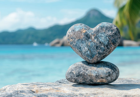heart-shaped rock on beach with mountains in backgroundの素材