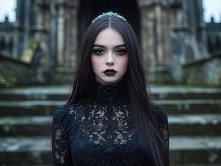 Elegant gothic woman with dark makeup and tiaraの素材