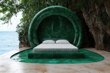 Luxury tropical beach resort bed with ocean viewの素材