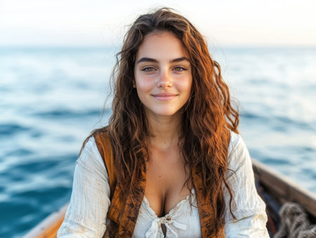 Smiling woman with curly hair on a boatの素材